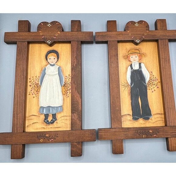 Vtg 2 Pc Handpainted Amish Girl Boy Wooden Frame Folk Art Country - Picture 1 of 8
